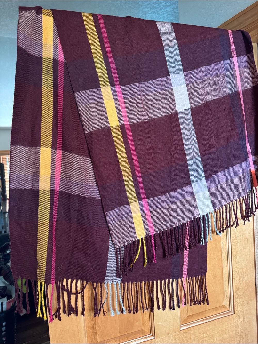 NWT Marcus Adler Plum Plaid Fringe Scarf Wrap